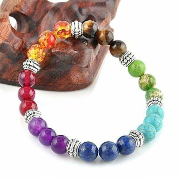 7 Chakra Reiki Natural Gemstone Beaded Bracelet - Picture 1 of 9